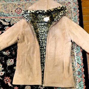 Vintage Genuine Suede Soft Faux Leopard/Animal Print Shearling Jacket